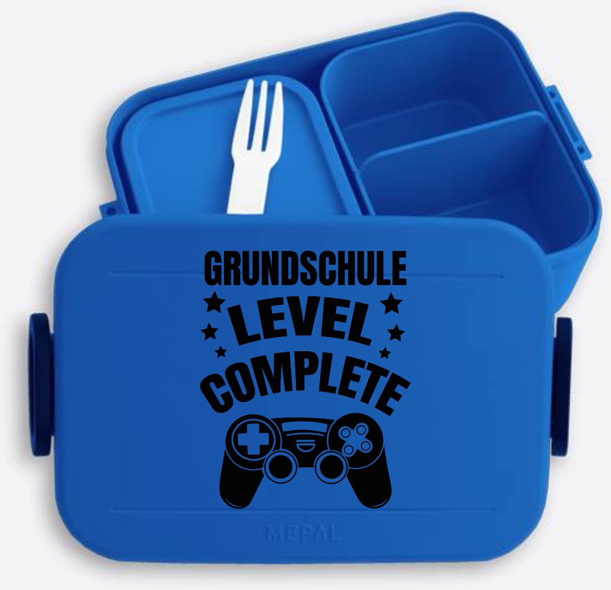 Brotdose Einschulung mit Name – Level Complete schwarz - Vivid Blue