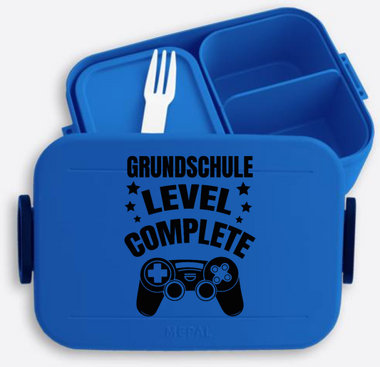 Brotdose Einschulung mit Name – Level Complete schwarz - Vivid Blue