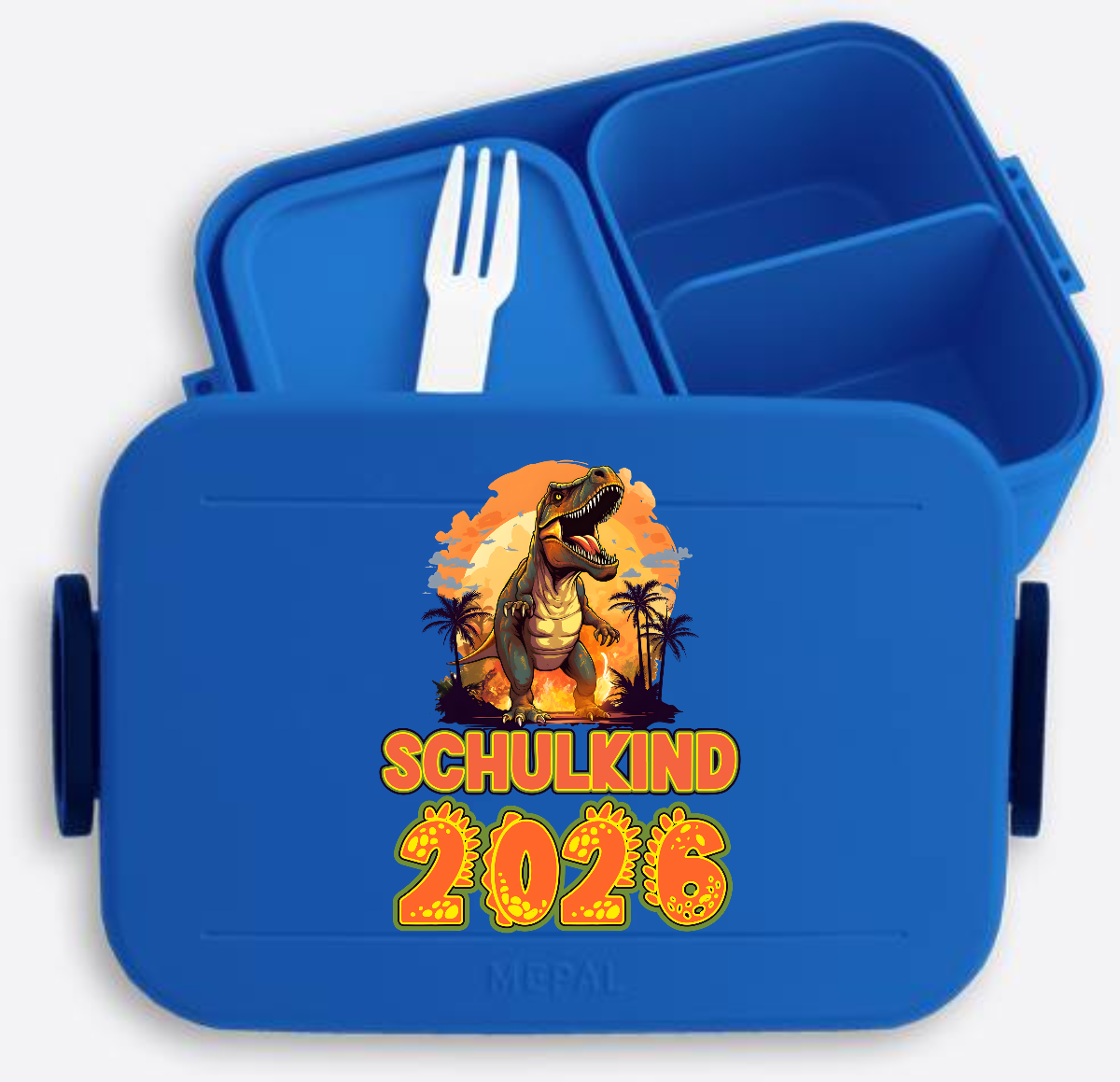 Brotdose Einschulung Schulkind 2026 Dinosaurier mit Name - Vivid Blue