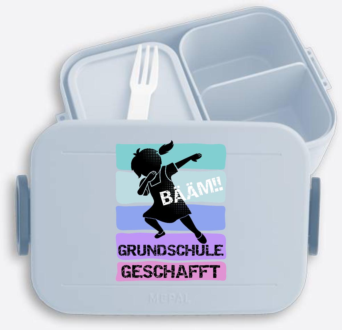 Brotdose Mädchen "Bääm! Grundschule geschafft" mit Name - Nordic Blue