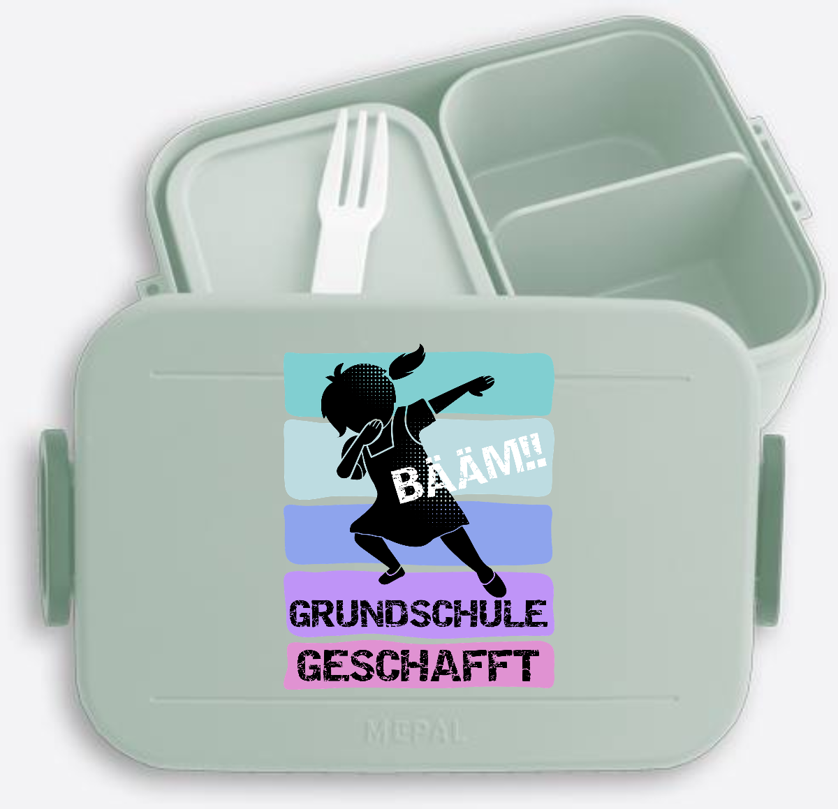 Brotdose Mädchen "Bääm! Grundschule geschafft" mit Name - Nordic Sage