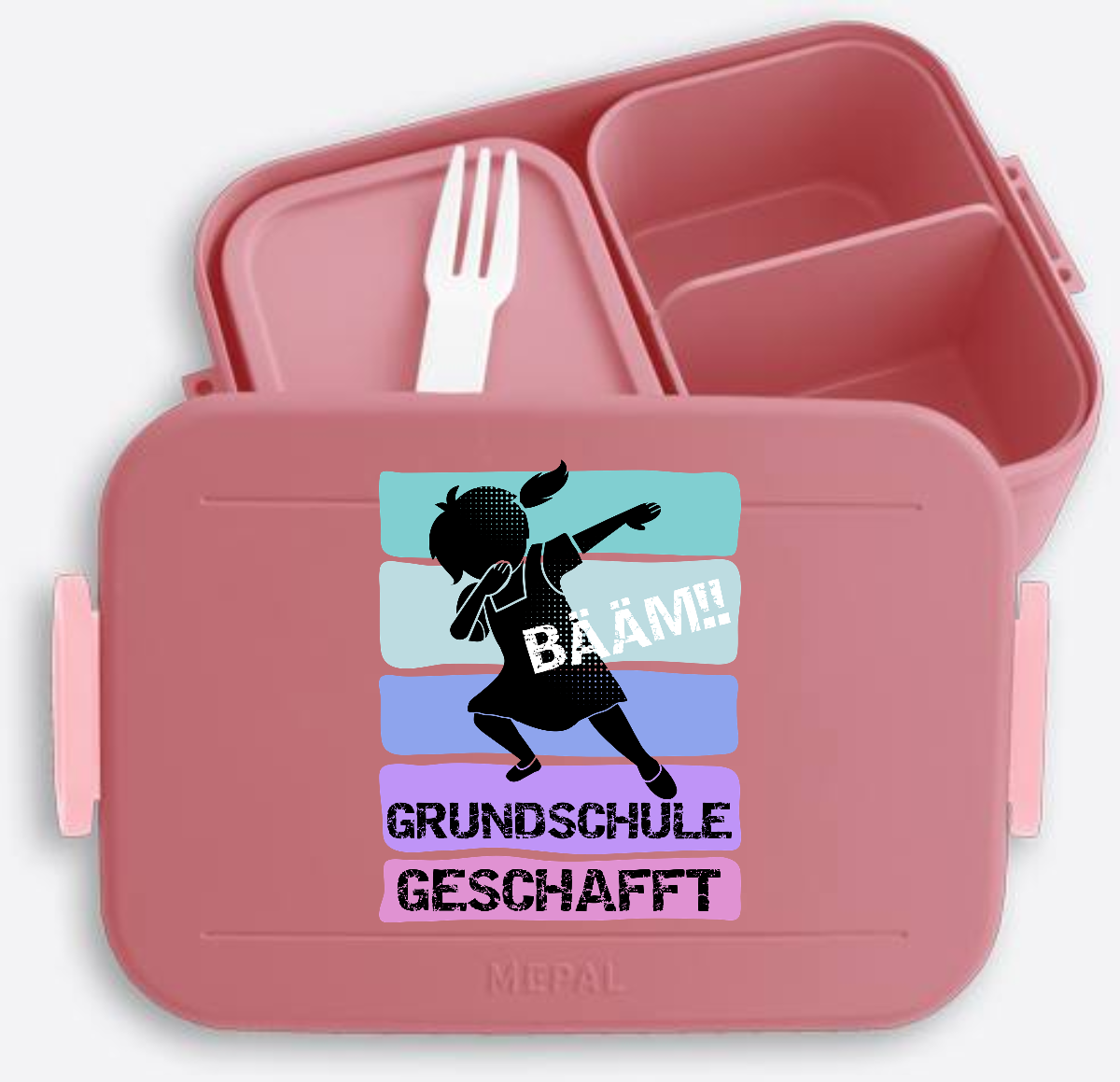 Brotdose Mädchen "Bääm! Grundschule geschafft" mit Name - Vivid Mauve