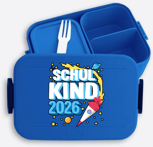 Brotdose mit Namen – Schulkind 2026 Rakete zur Einschulung - Vivid Blue