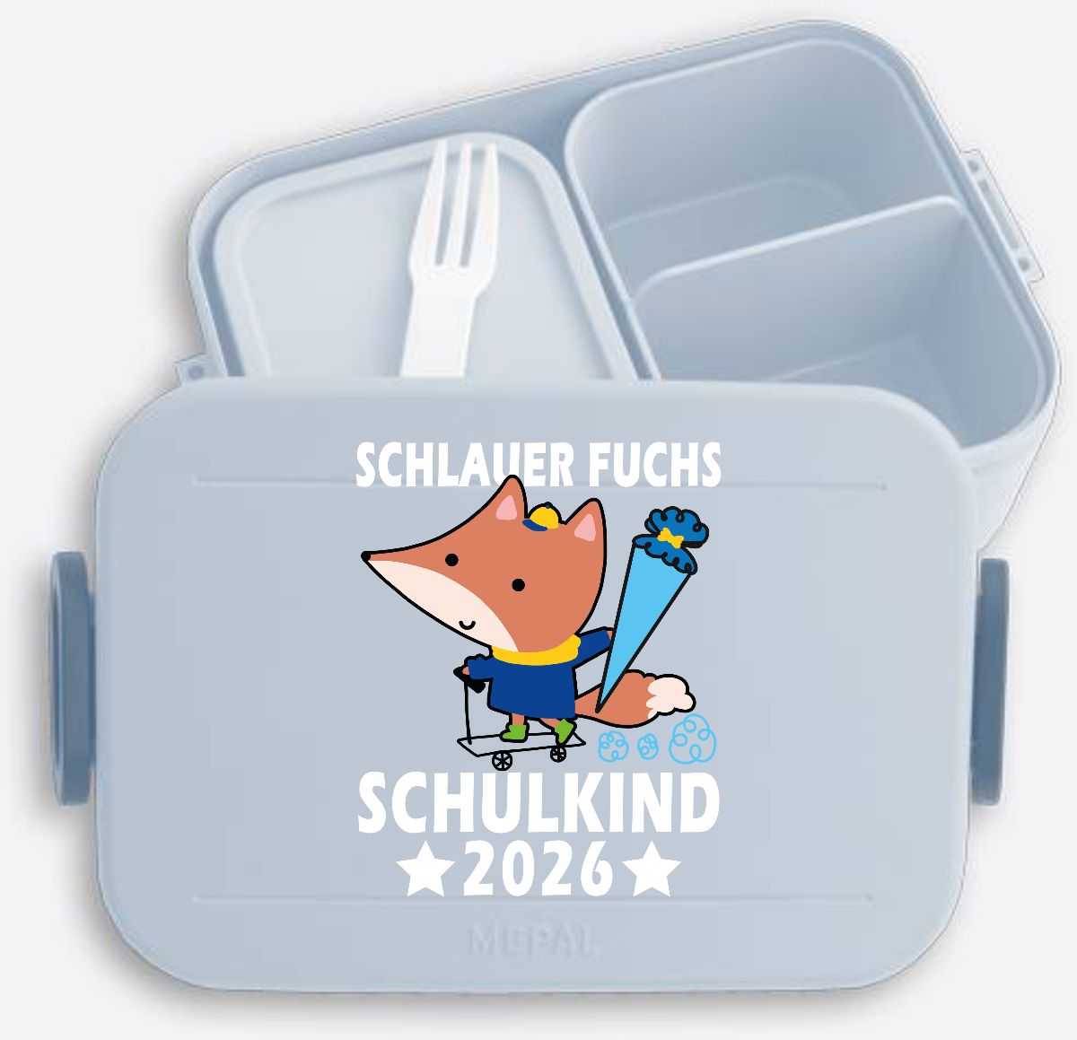 Brotdose Schlauer Fuchs Schulkind 2026 – mit Name - Nordic Blue