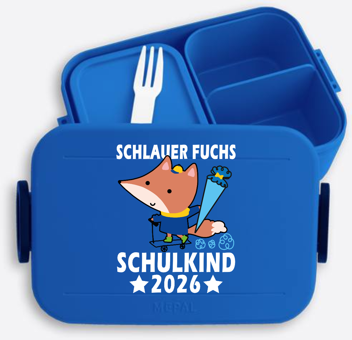 Brotdose Schlauer Fuchs Schulkind 2026 – mit Name - Vivid Blue