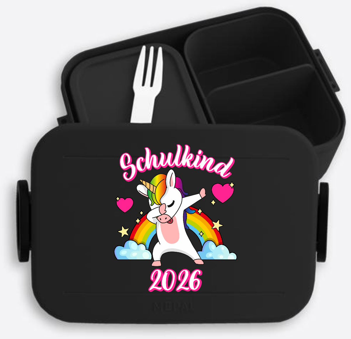 Brotdose Schulkind 2025 – Dabbendes Einhorn mit Name - Nordic Black
