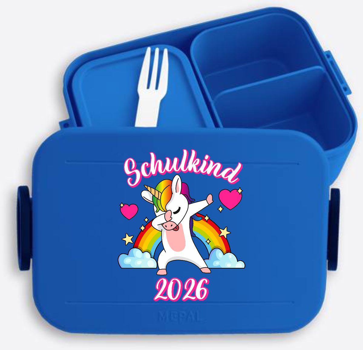 Brotdose Schulkind 2025 – Dabbendes Einhorn mit Name - Vivid Blue