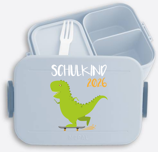 Brotdose Schulkind 2025: Dino mit Skateboard & Name - Nordic Blue