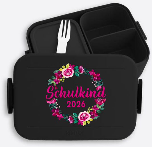 Brotdose Schulkind 2026 Blumenkranz mit Wunschname - Nordic Black