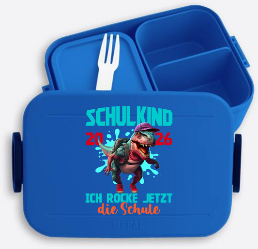 Brotdose Schulkind 2026 Dino T-Rex – mit Name personalisiert - Vivid Blue