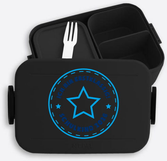 Brotdose Schulkind 2026 – Erstklassig Stern blau & Name - Nordic Black