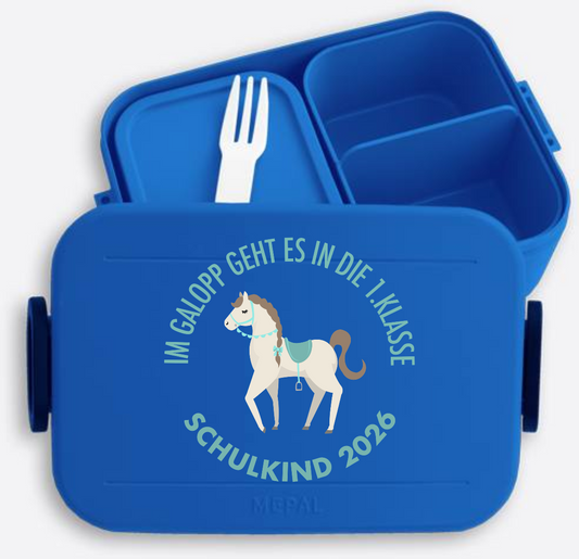 Brotdose Schulkind 2026 Im Galopp – mit Name personalisiert - Vivid Blue