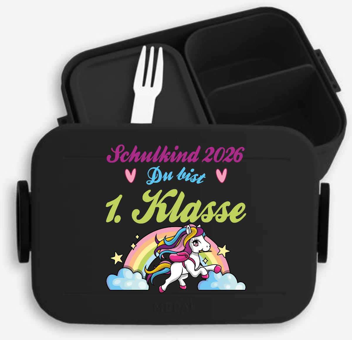 Brotdose Schulkind 2026 – Pferd & Regenbogen mit Name - Nordic Black