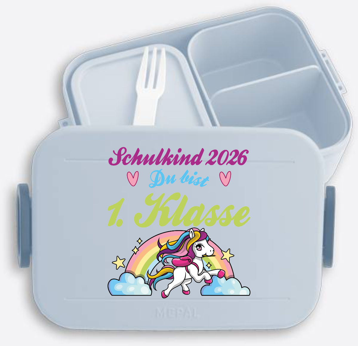 Brotdose Schulkind 2026 – Pferd & Regenbogen mit Name - Nordic Blue