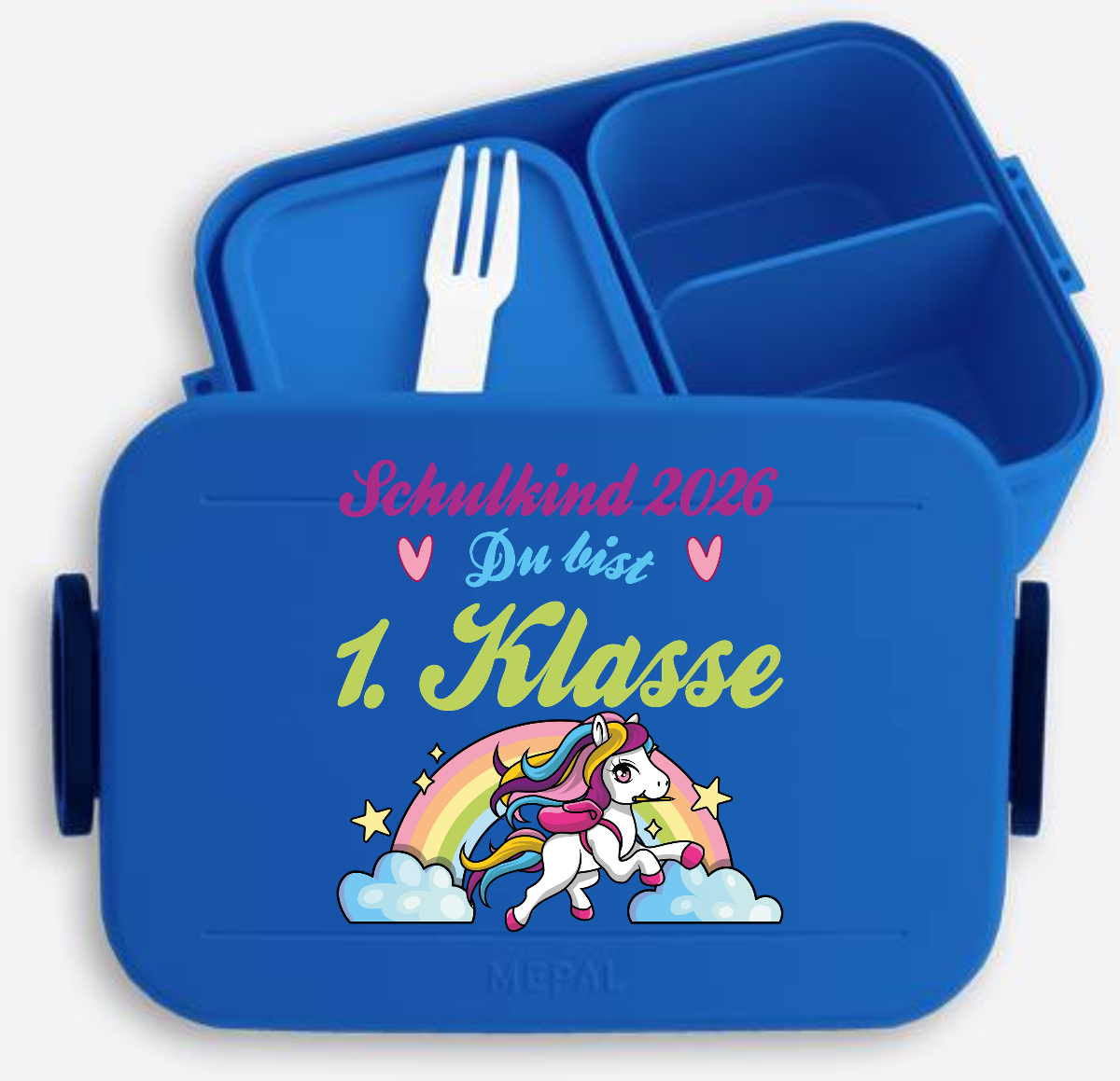 Brotdose Schulkind 2026 – Pferd & Regenbogen mit Name - Vivid Blue