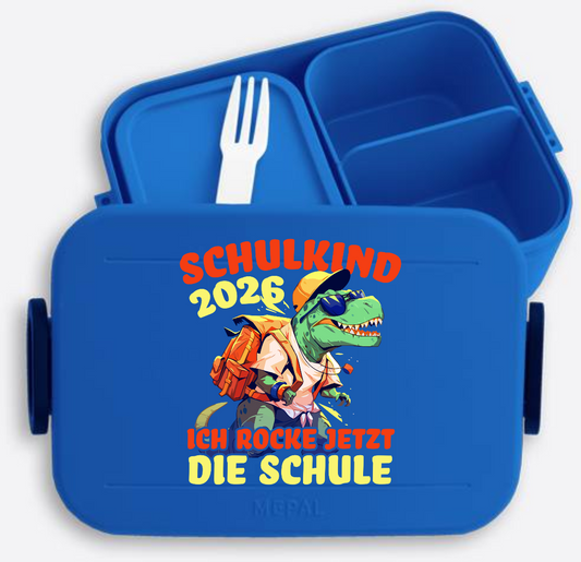Brotdose Schulkind 2026 T-Rex – Ich rocke die Schule - Vivid Blue
