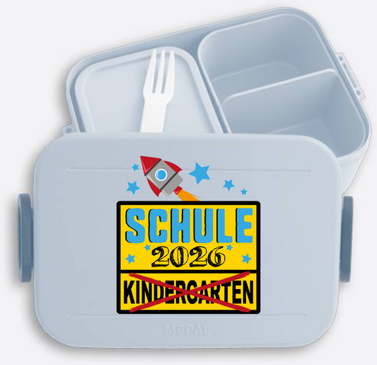 Brotdose zur Einschulung 2026 - Ortsschild Rakete mit Name - Nordic Blue