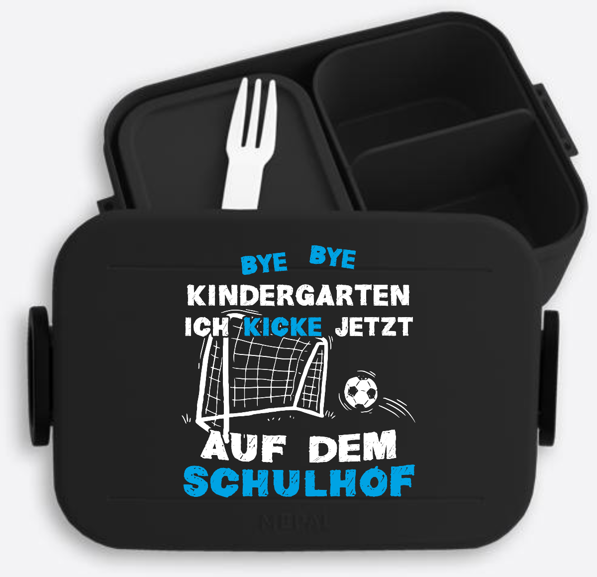 Brotdose zur Einschulung – Bye Bye Kindergarten Fußball mit Name - Nordic Black
