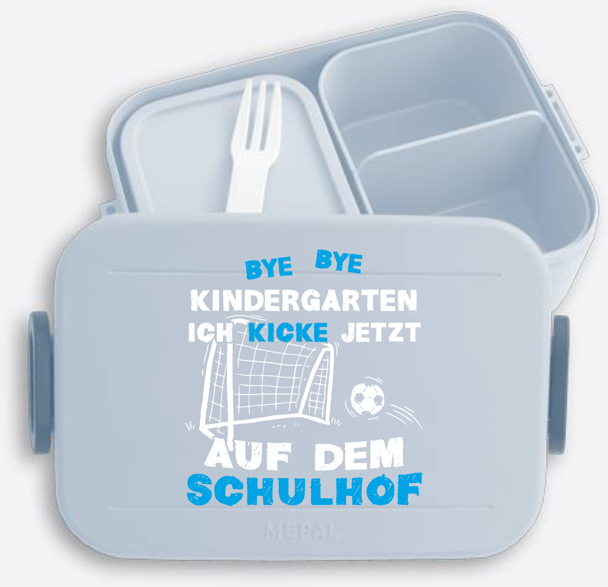 Brotdose zur Einschulung – Bye Bye Kindergarten Fußball mit Name - Nordic Blue