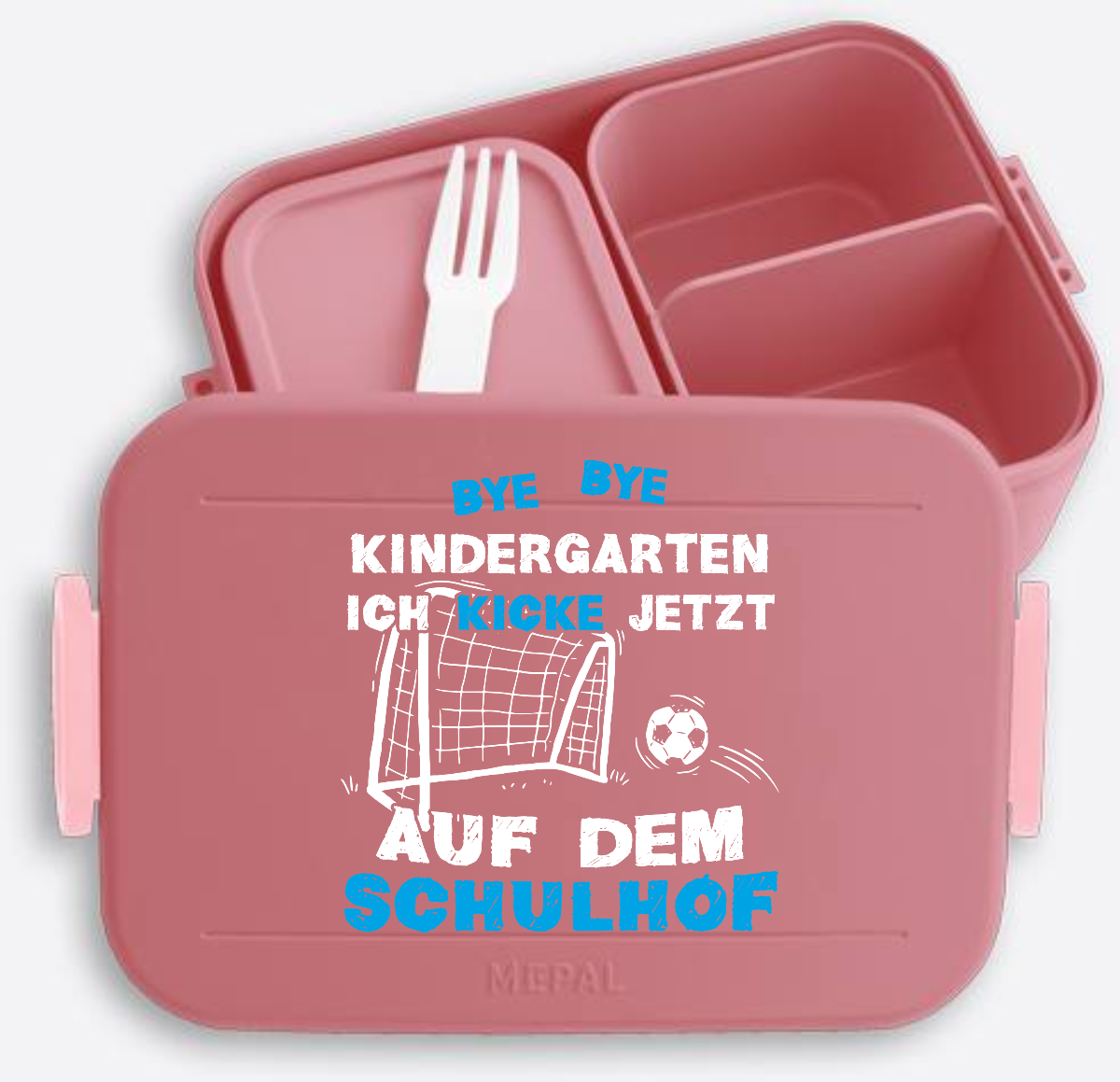 Brotdose zur Einschulung – Bye Bye Kindergarten Fußball mit Name - Vivid Mauve