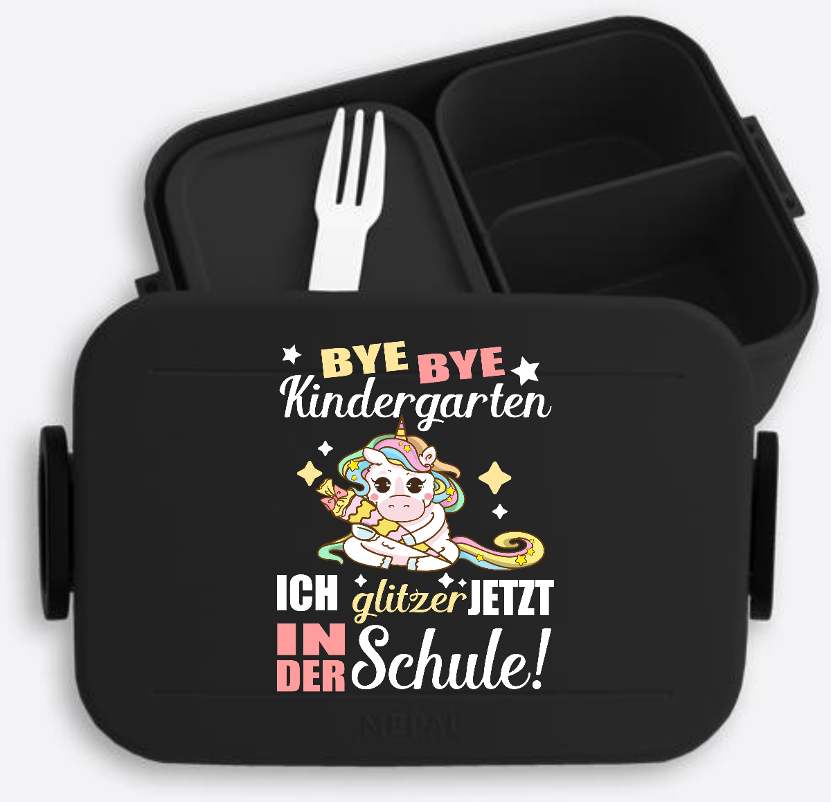 Brotdose zur Einschulung mit Name – Bye Bye Kindergarten Einhorn - Nordic Black