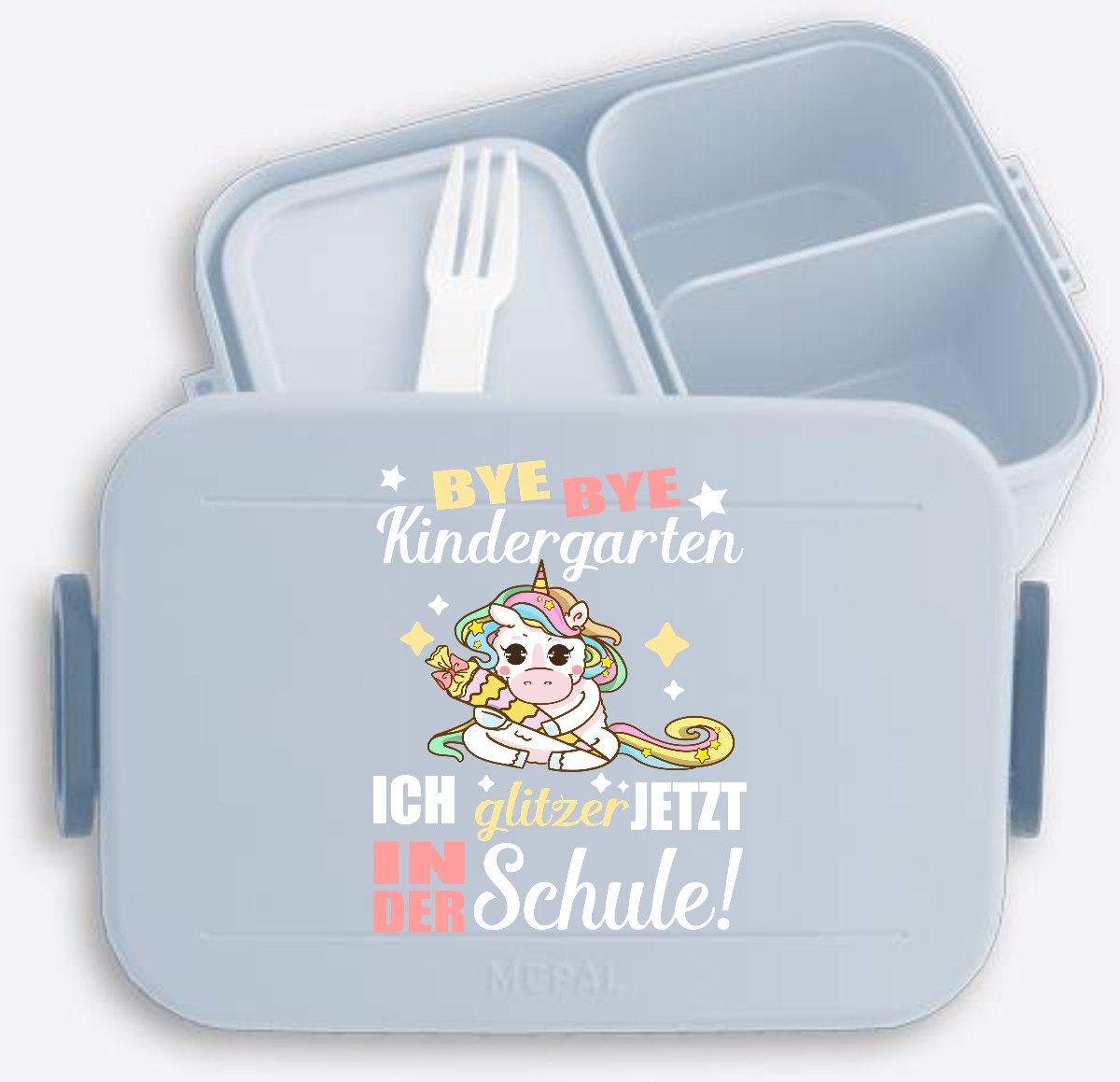 Brotdose zur Einschulung mit Name – Bye Bye Kindergarten Einhorn - Nordic Blue