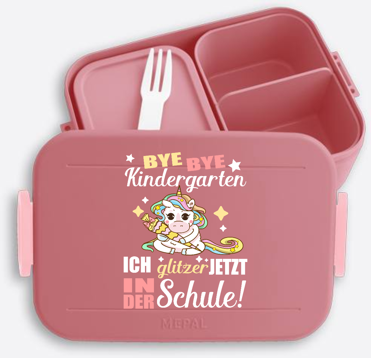 Brotdose zur Einschulung mit Name – Bye Bye Kindergarten Einhorn - Vivid Mauve