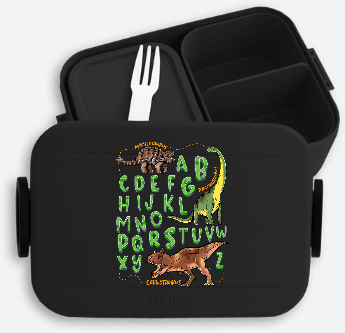 Brotdose zur Einschulung mit Name – Dinosaurier Alphabet - Nordic Black
