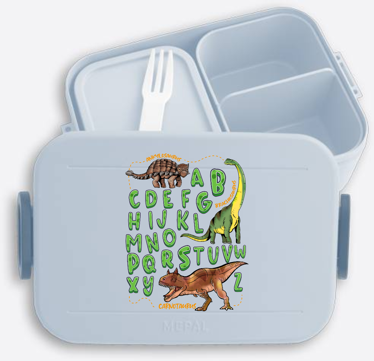 Brotdose zur Einschulung mit Name – Dinosaurier Alphabet - Nordic Blue