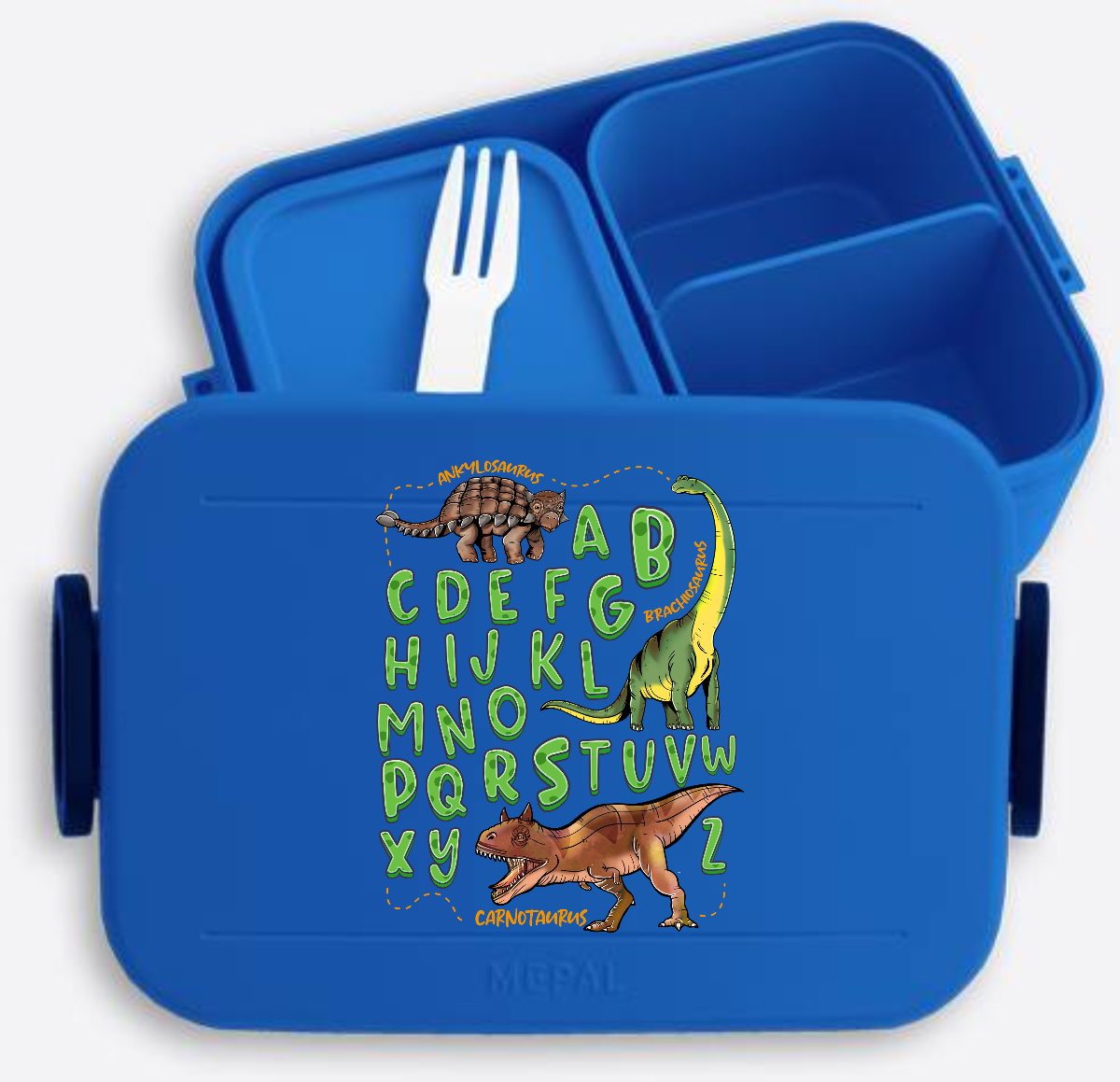 Brotdose zur Einschulung mit Name – Dinosaurier Alphabet - Vivid Blue