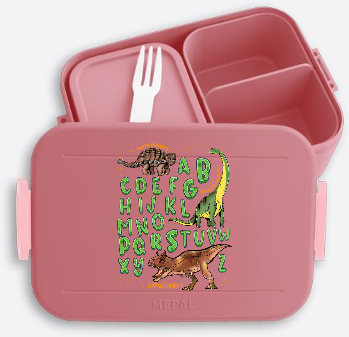 Brotdose zur Einschulung mit Name – Dinosaurier Alphabet - Vivid Mauve