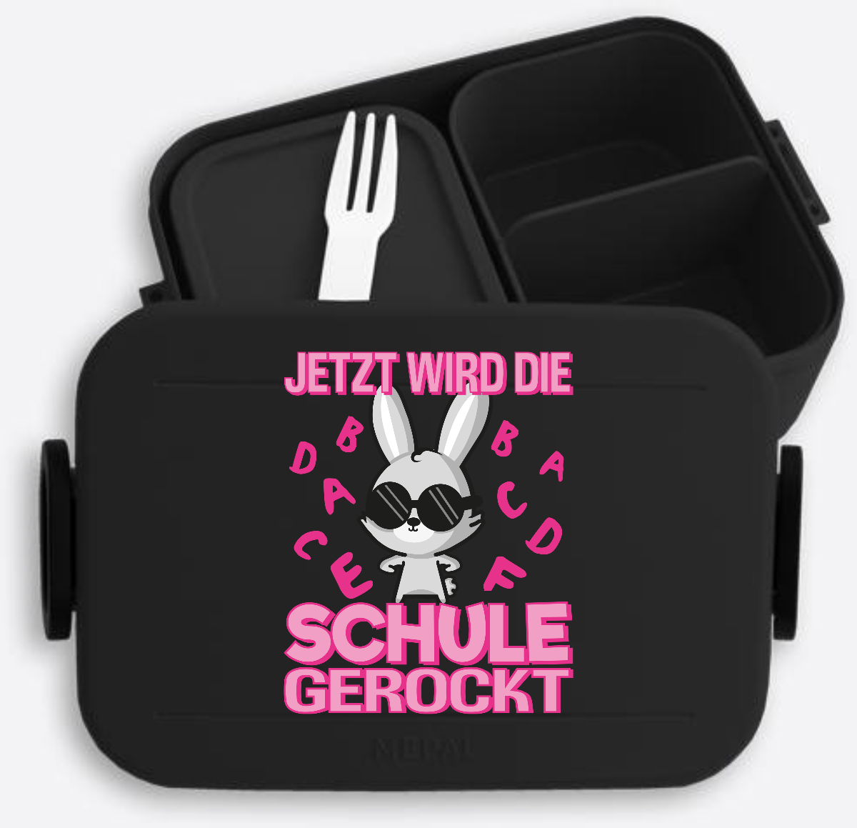 Brotdose zur Einschulung mit Name – Hase rockt die Schule - Nordic Black