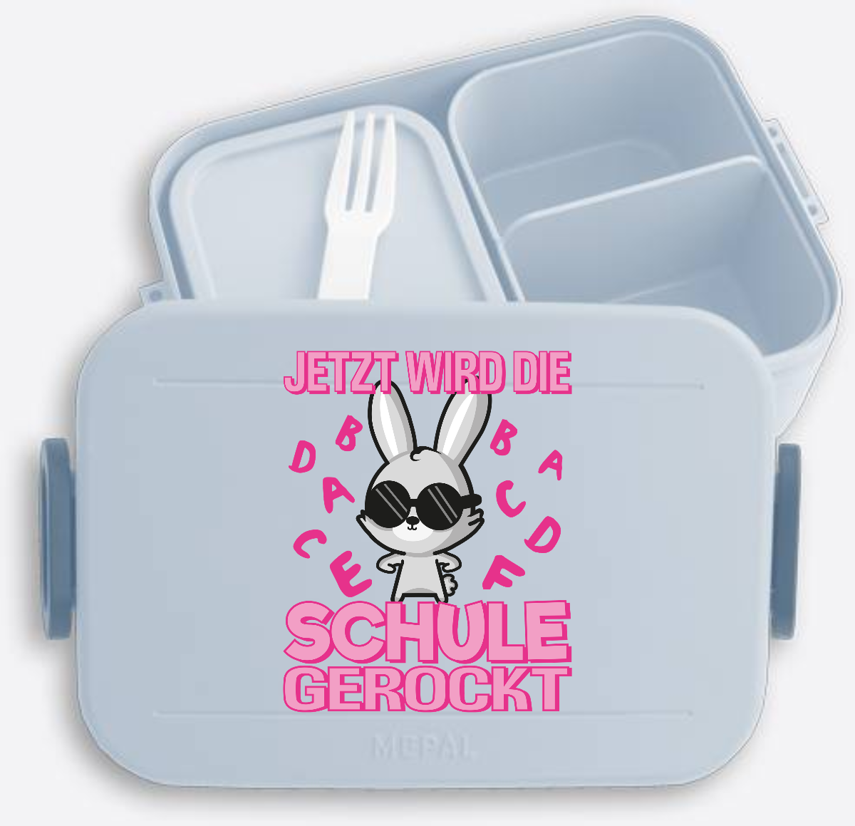 Brotdose zur Einschulung mit Name – Hase rockt die Schule - Nordic Blue