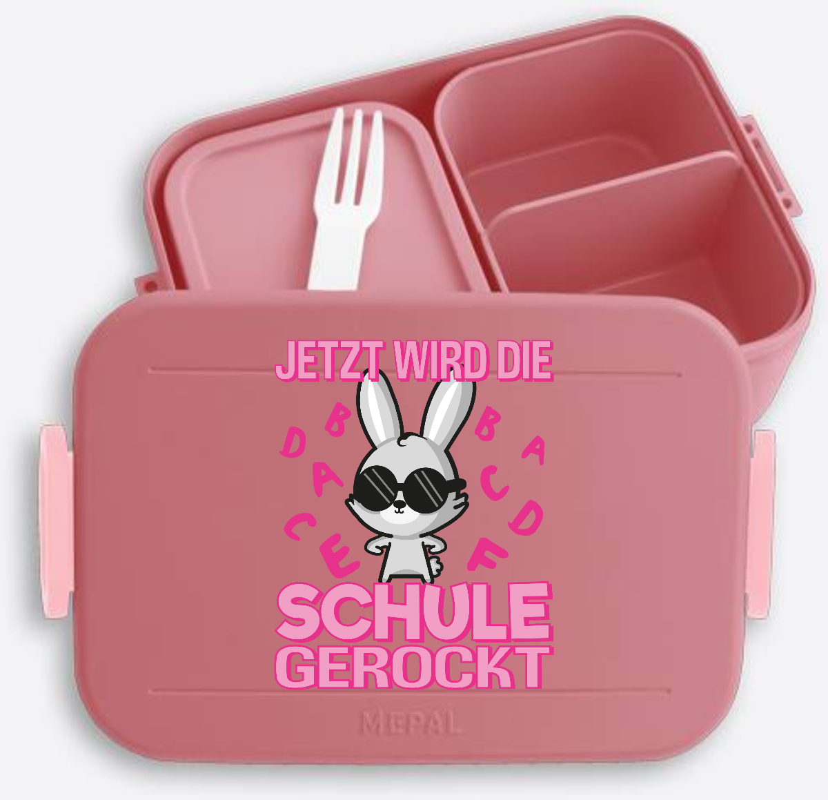 Brotdose zur Einschulung mit Name – Hase rockt die Schule - Vivid Mauve