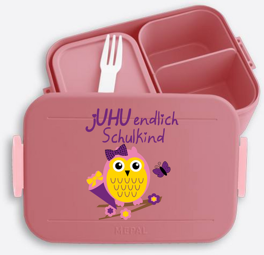Brotdose zur Einschulung mit Name – Juhu Schulkind Eule - Vivid Mauve