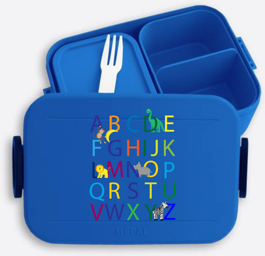 Brotdose zur Einschulung mit Namen – Buntes ABC Motiv - Vivid Blue