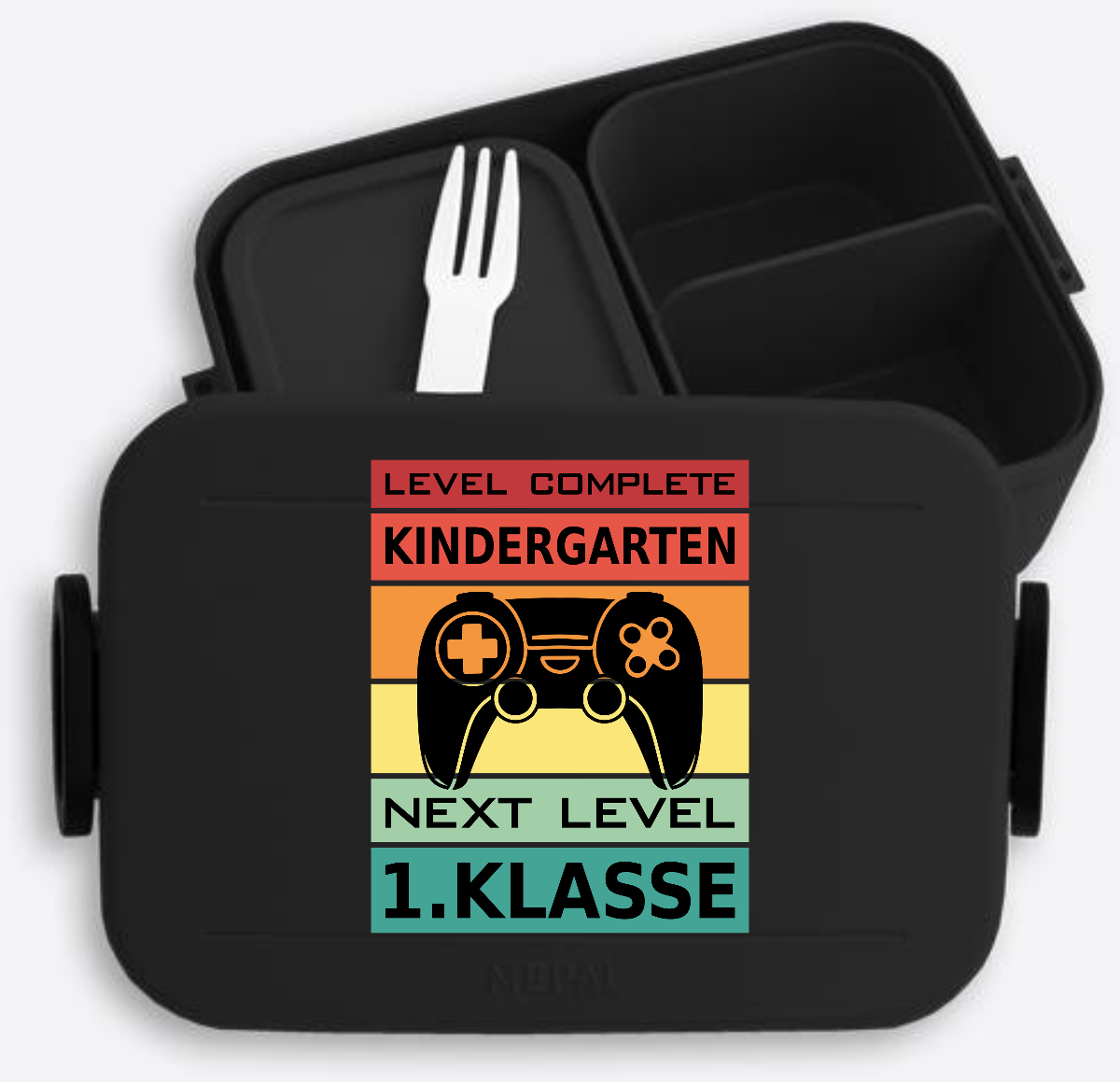 Brotdose zur Einschulung: Next Level 1. Klasse mit Name - Nordic Black