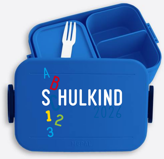 Brotdose zur Einschulung - Schulkind 2026 ABC mit Name - Vivid Blue