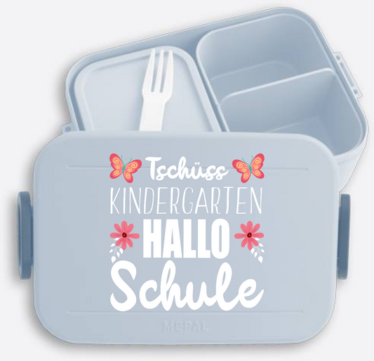 Brotdose zur Einschulung: Tschüss Kindergarten, Hallo Schule - Nordic Blue