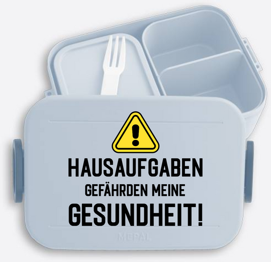 Brotdose zur Einschulung – Warnschild Hausaufgaben mit Name - Nordic Blue