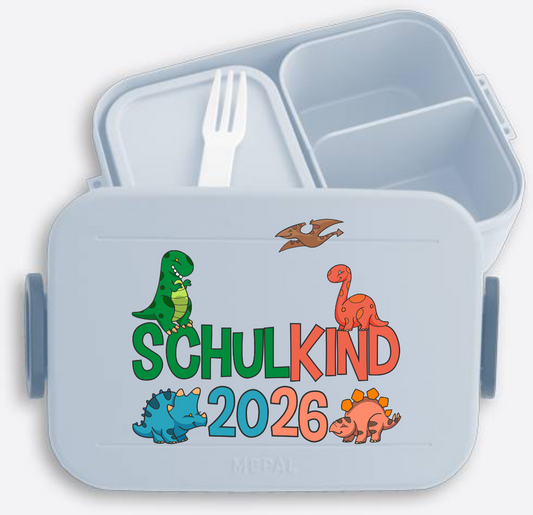 Dino Brotdose Schulkind 2026 mit Name – Geschenk zur Einschulung - Nordic Blue