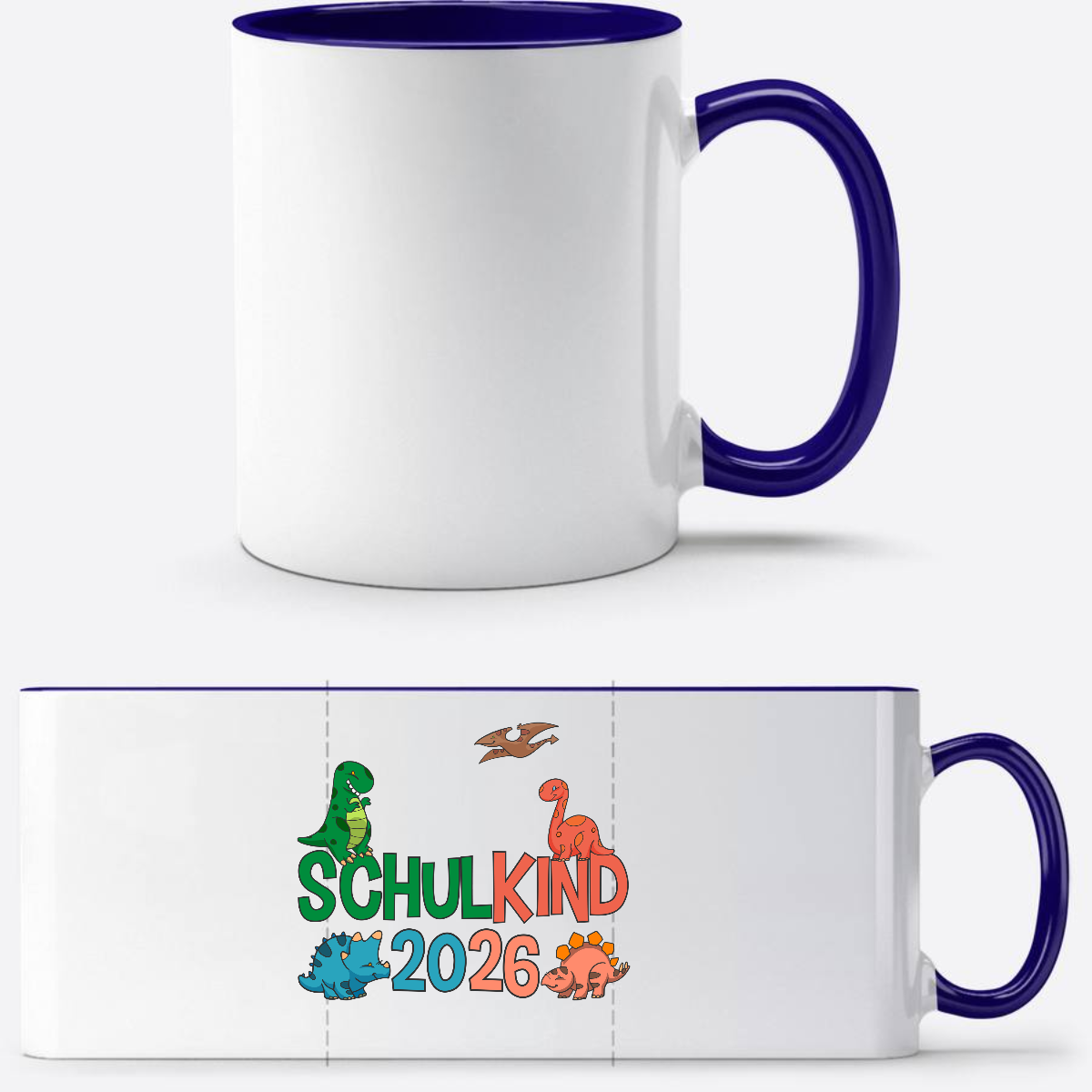 Dino Tasse Schulkind 2026 – Personalisiertes Einschulungsgeschenk - Weiß/Dunkelblau