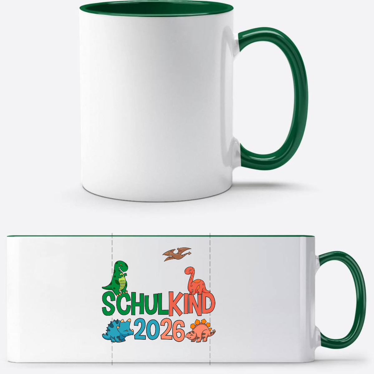 Dino Tasse Schulkind 2026 – Personalisiertes Einschulungsgeschenk - Weiß/Dunkelgrün