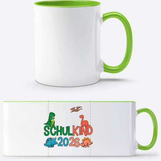 Dino Tasse Schulkind 2026 – Personalisiertes Einschulungsgeschenk - Weiß/Grün
