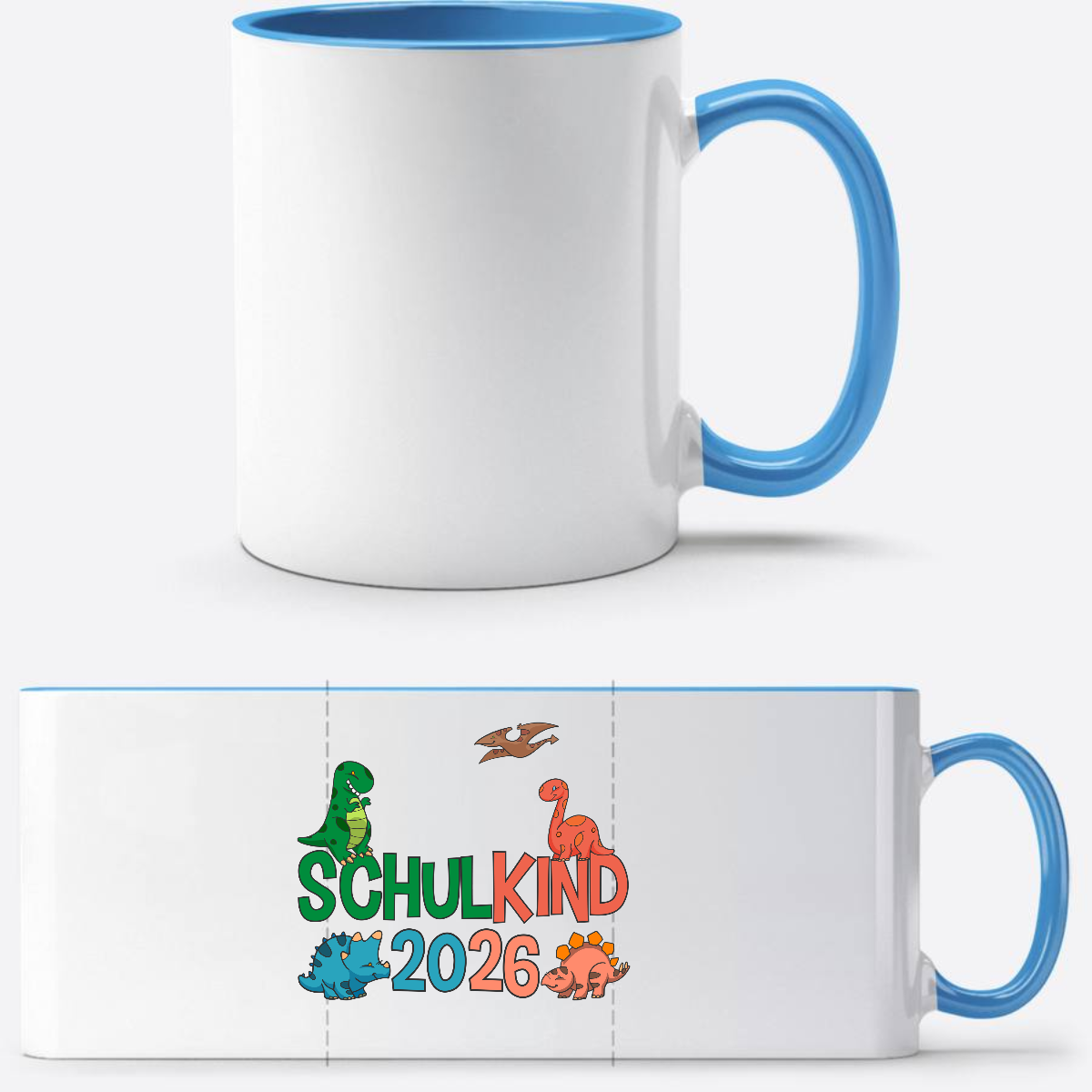 Dino Tasse Schulkind 2026 – Personalisiertes Einschulungsgeschenk - Weiß/Hellblau