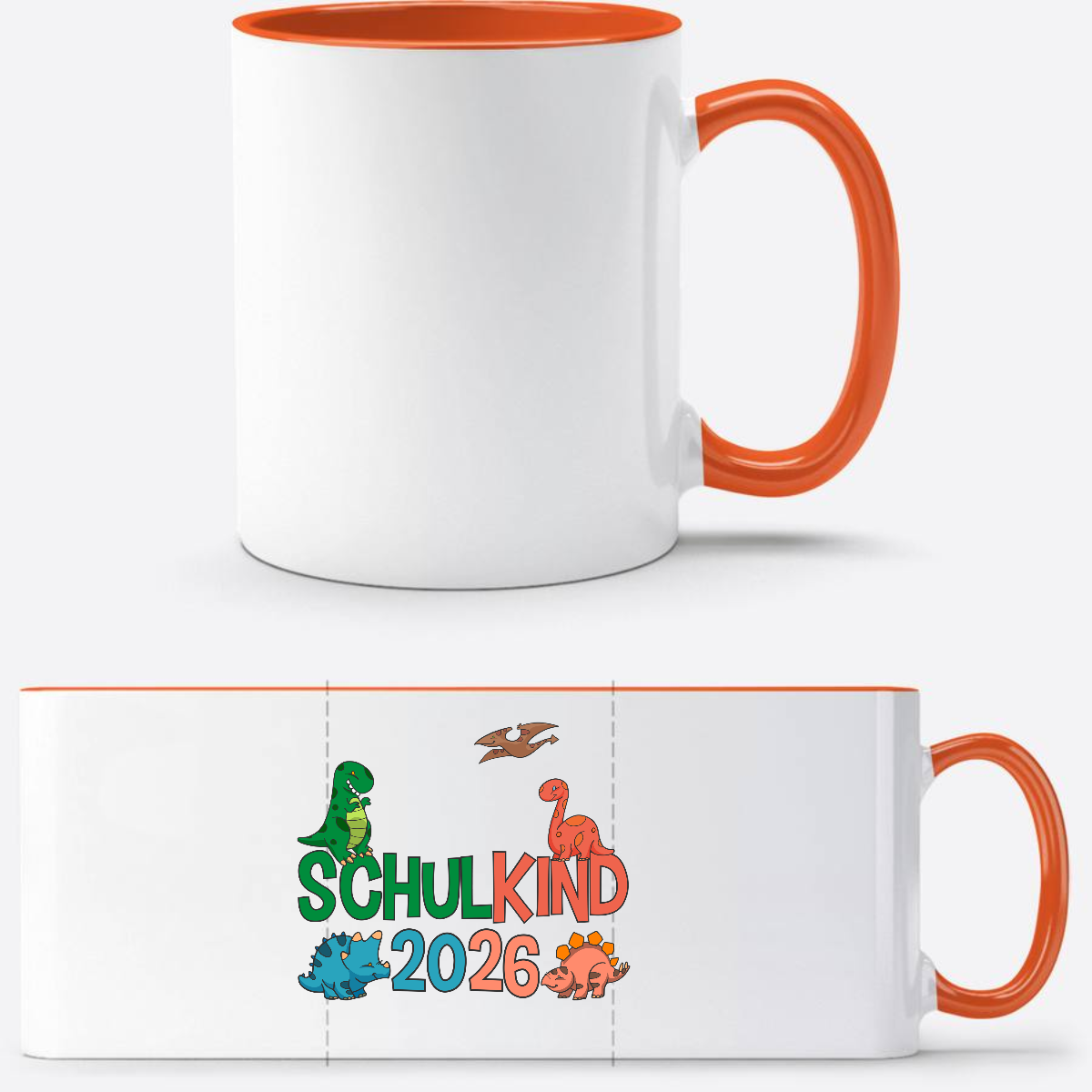 Dino Tasse Schulkind 2026 – Personalisiertes Einschulungsgeschenk - Weiß/Orange
