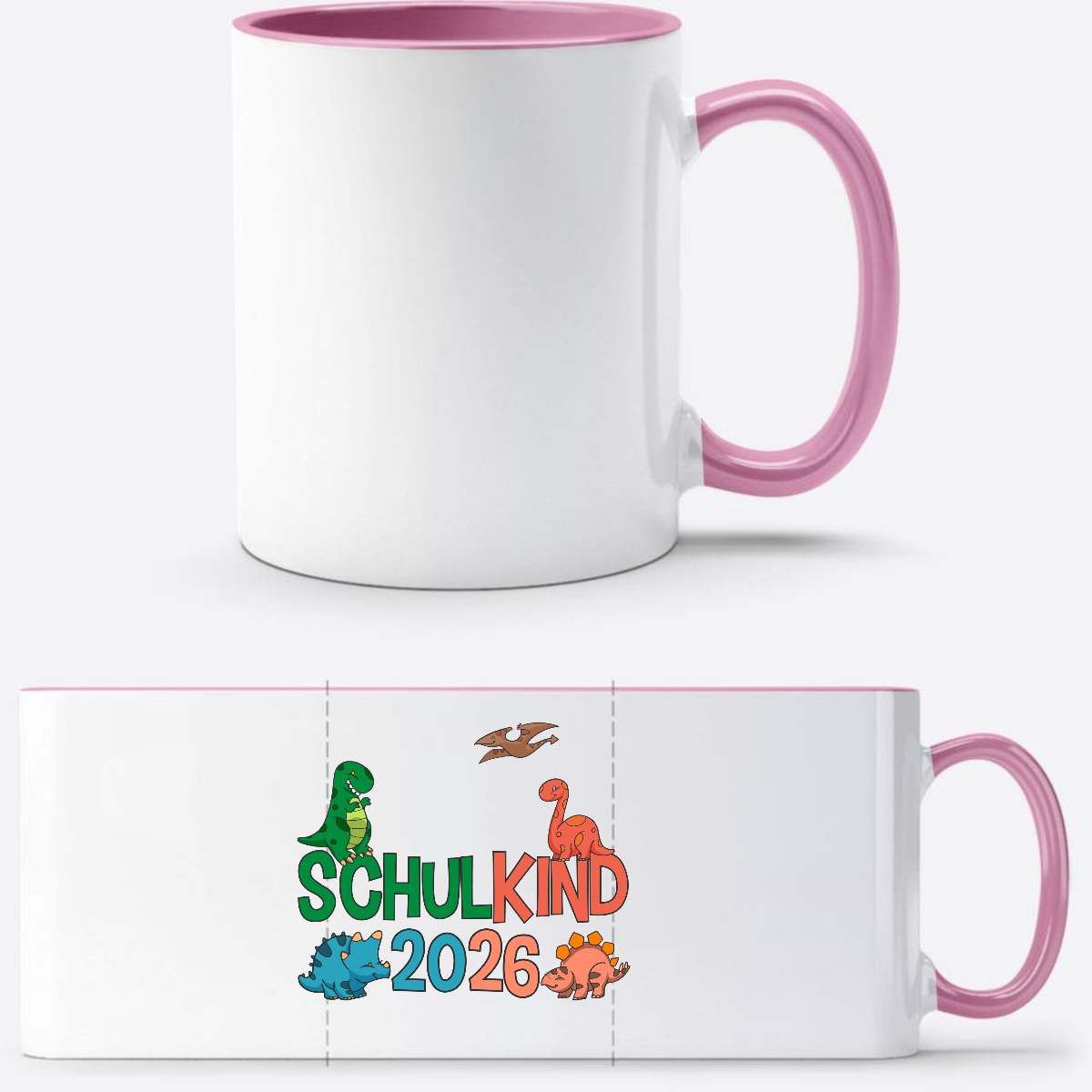 Dino Tasse Schulkind 2026 – Personalisiertes Einschulungsgeschenk - Weiss/Rosa