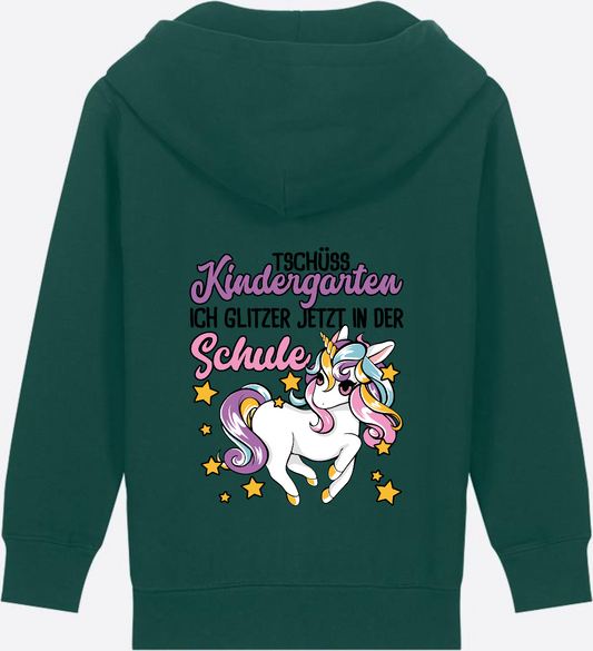 Einhorn Zip-Hoodie zur Einschulung – Tschüss Kindergarten - Glazed Green