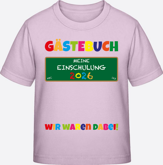 Einschulung 2026 Gästebuch T-Shirt – Geschenk für Schulkinder - Pink Sixties
