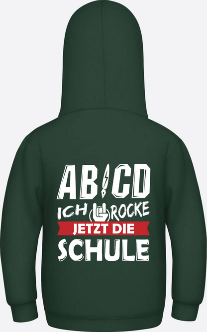 Einschulung Hoodie: ABCD Ich rocke jetzt die Schule mit Name - Bottle Green